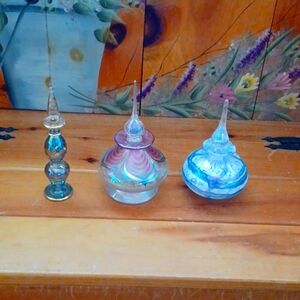 Set of 3 Vintage Artisan Assorted Bottles; Handmade and Hand-Painted; 1990s